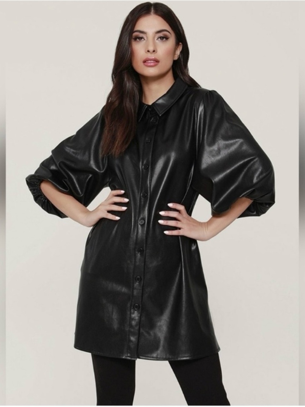 Dolce Cabo Black Faux Leather Button-Down Mini Dress with Puff Sleeves size XS